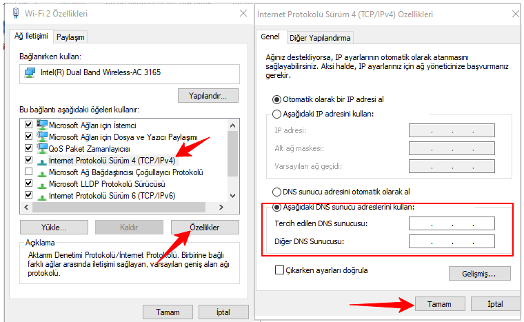 IPv4 IPv6 DNS adresini değiştirin
