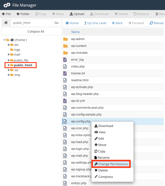 cpanel wordpress dosya izinleri duzenleme
