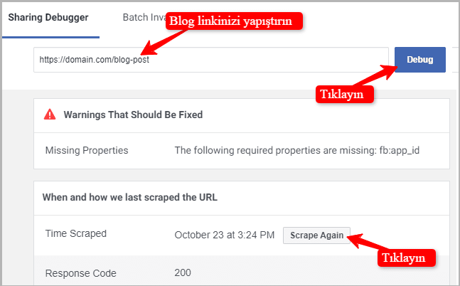 WordPress'te Facebook Hatalı Küçük Resim Çözümü 2 facebook hata ayiklama araci kucuk resim sorunu cozumu
