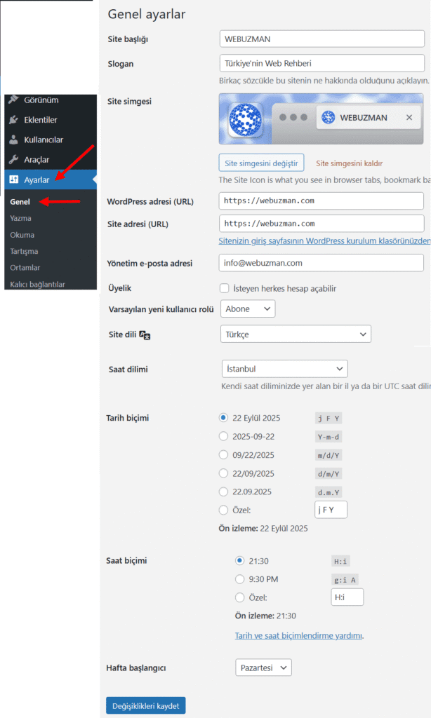 wp ayarlar genel ayarlar 1