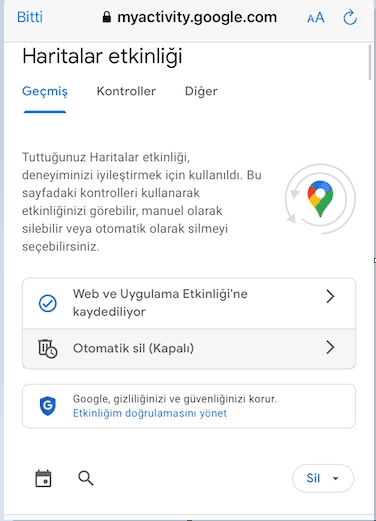 haritalar gecmis sil