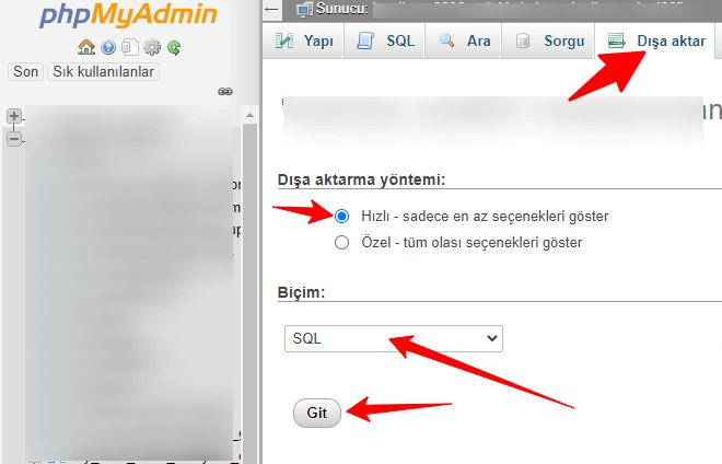phpMyAdmin veritabani yedek alma