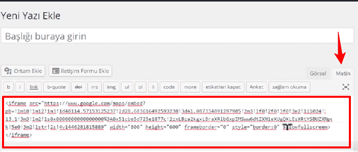 Eklentisiz WordPress Harita Ekleme-5