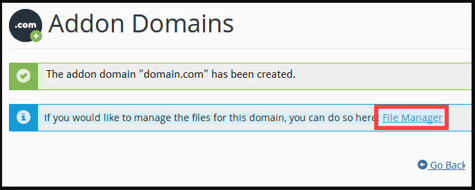 addon domain olusturma basari mesaji