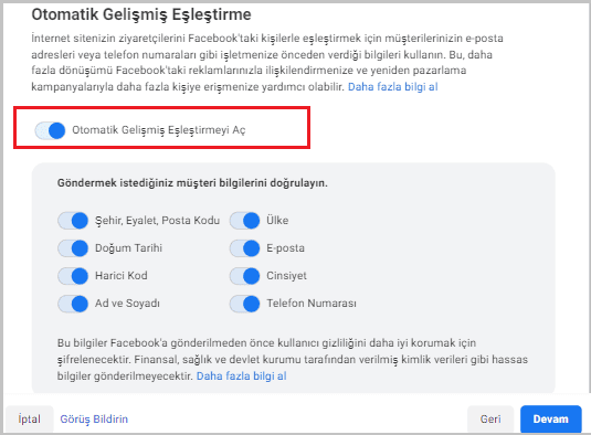 Meta Pixel Nedir, Nasıl Kurulur? 5 facebook piksel otomatik gelismis eslestirme