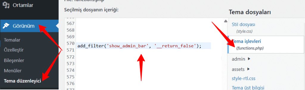 Kod ile WordPress Arac Cubugunu Kaldirma 1