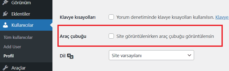 Yönetim Panelinden WordPress Admin Bar Kaldırma