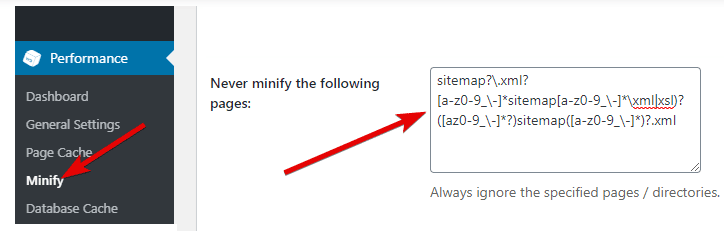 w3totalcache minify sitemap haric tutma