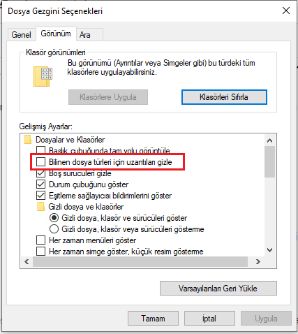 Bilinen dosya turleri icin uzantilari gizle