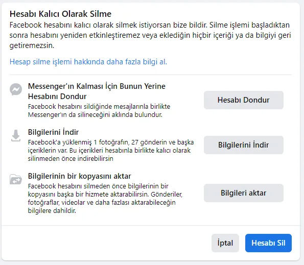 Facebook Hesap Silme Linki