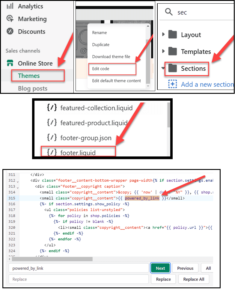 Kod duzenleyici ile Powered by Shopify Kaldirma